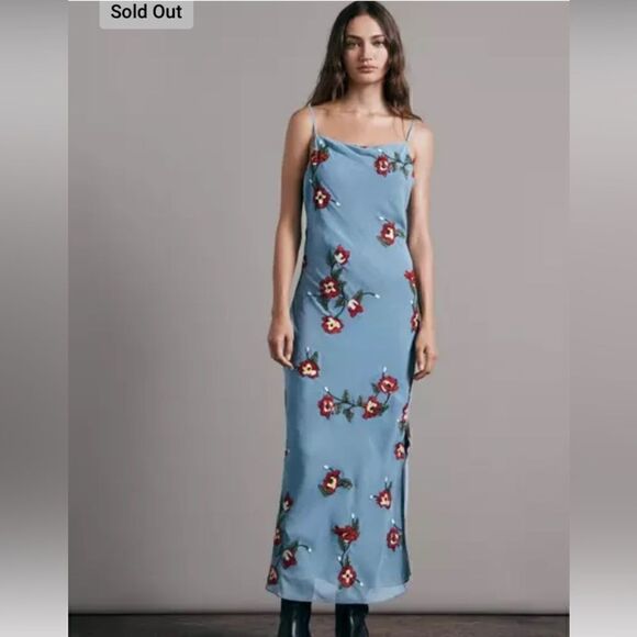 Rag and Bone Jolene embroidered spaghetti strap lined blue Chiffon Midi Dress 8 - Picture 4 of 9